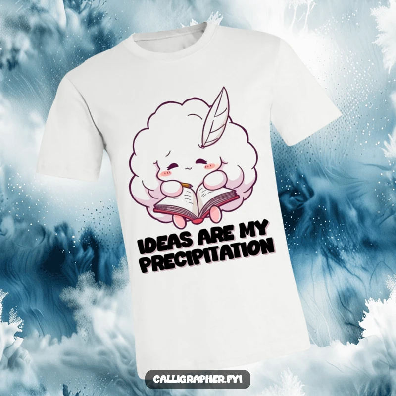 Funny cloud t-shirt depicting a fluffy cloud holding a quill pen, furiously scribbling notes in a small notebook, a humorous creative scene.