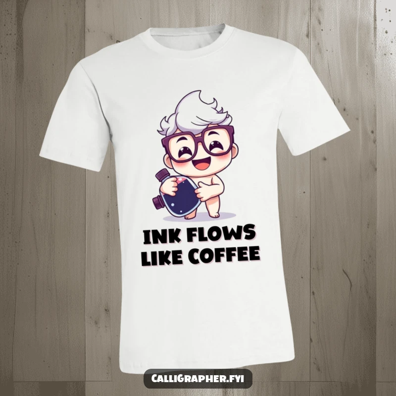 Funny T-Shirt with a smiling character wearing glasses, happily holding a large ink bottle, symbolizing literary passion.