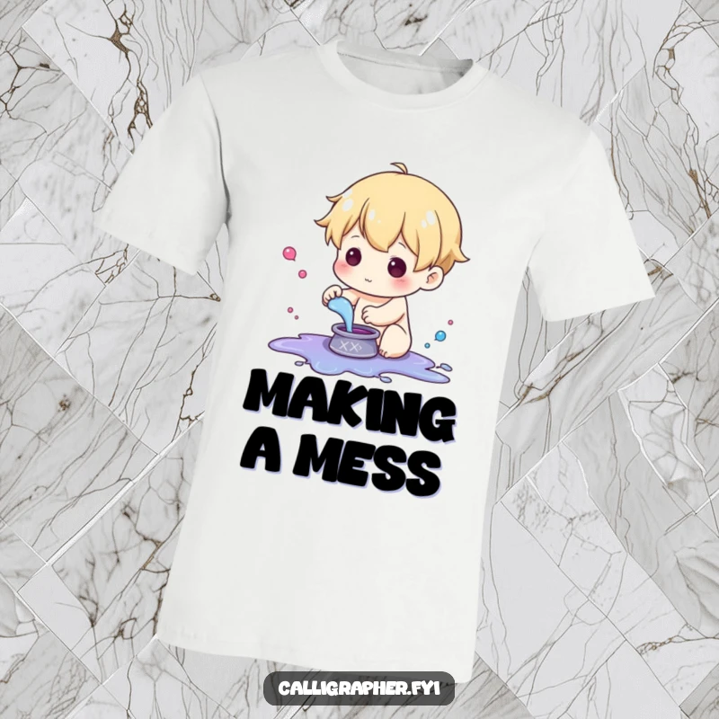 Funny t-shirt featuring a cute character playfully splattering colorful ink from a small pot with excitement.