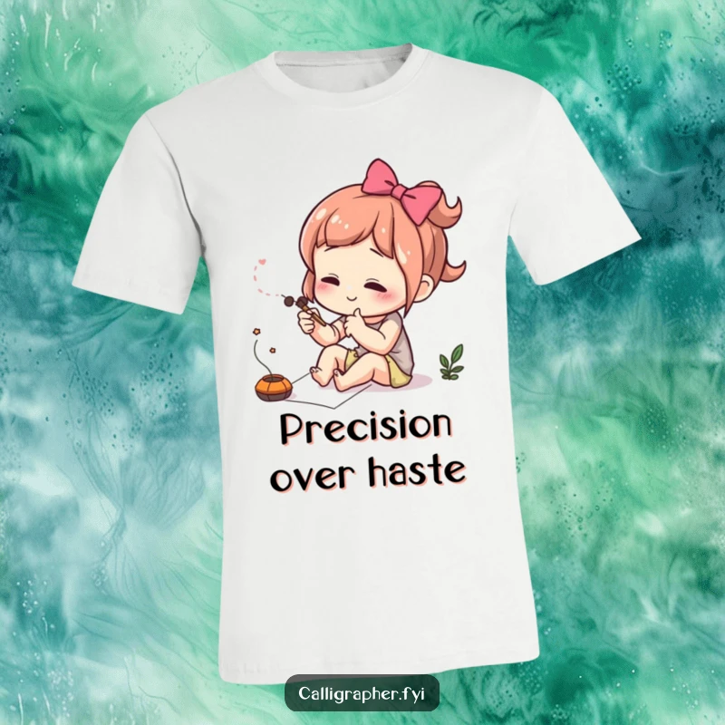 Funny t-shirt of a cute character intensely focused on drawing a very delicate and intricate flourish.