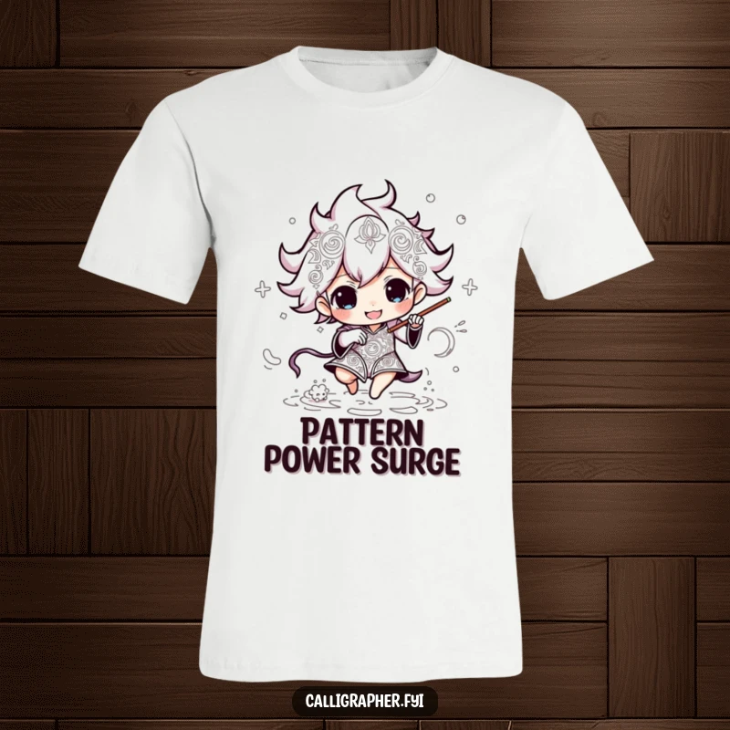 Funny t-shirt with an energetic character rapidly drawing complex and intricate patterns, symbolizing creative focus and speed.