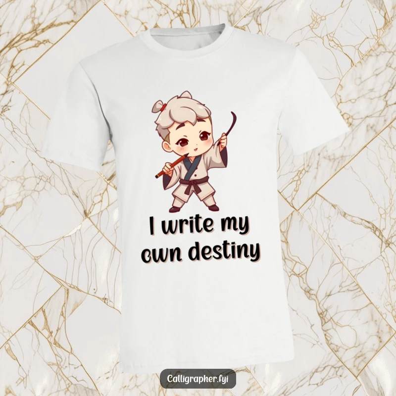 Funny t-shirt featuring a character artist dramatically gesturing with a calligraphy pen, leaving a bold stroke in the air, embodying artistic flair.