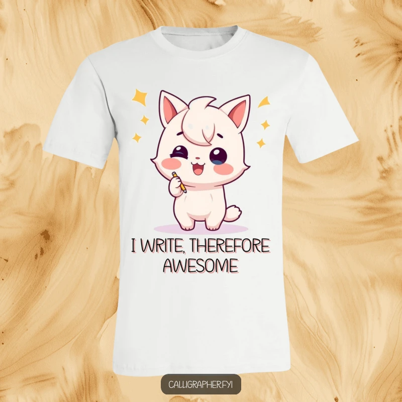 Funny t-shirt featuring a playful character in a celebratory flourish after writing, perfect for celebrating literary success with humor.