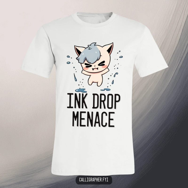 Funny t-shirt depicting a mischievous character playfully splattering ink drops with a gleeful, messy expression, full of fun.