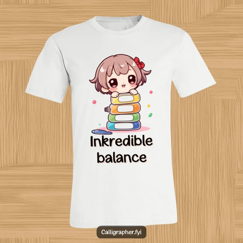 Funny T-Shirt: A cute character in mid-balance with a stack of ink bottles, capturing the precarious fun of artistic creation.