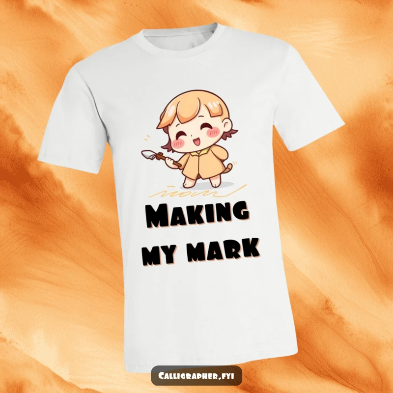 Funny t-shirt depicting a cute character diligently practicing elegant cursive strokes with a large quill, highlighting artistic effort.