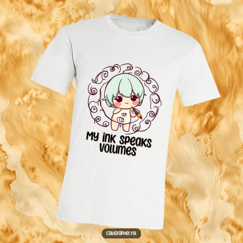Funny t-shirt featuring a cute character in the act of making beautiful swirling patterns with a calligraphy pen, looking focused and skilled.