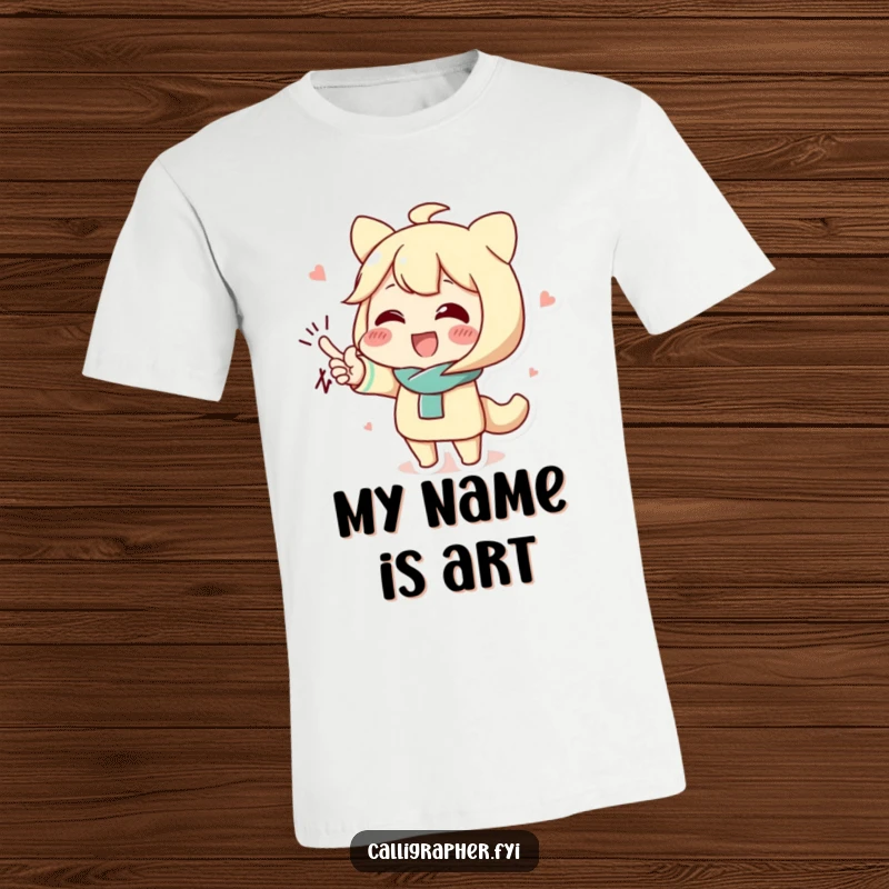 Funny t-shirt of a cute character proudly demonstrating an elaborate, flourished signature with a confident flourish.