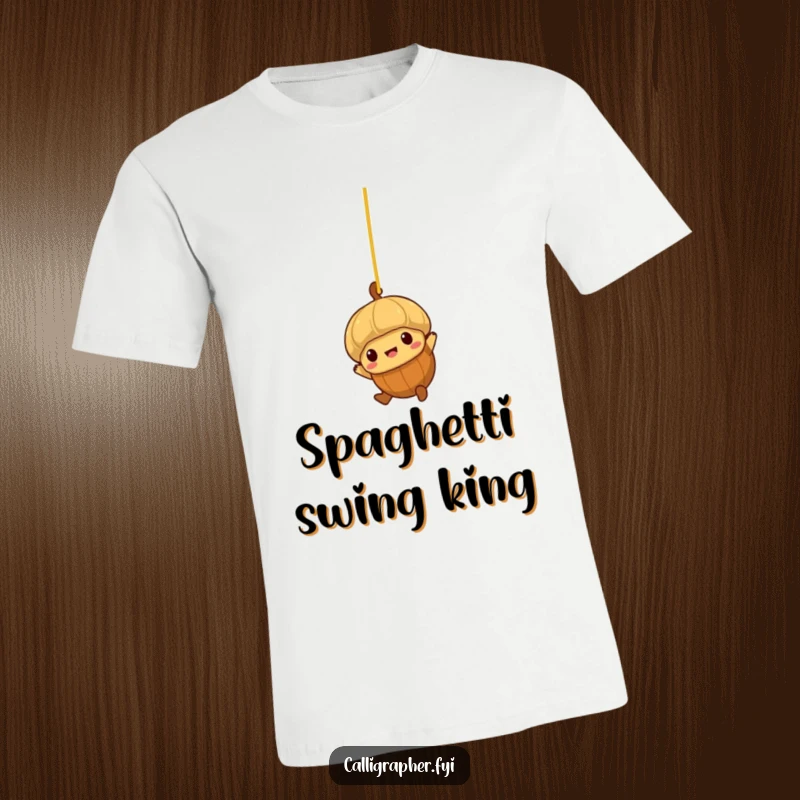 Funny t-shirt print of a brave little acorn character swinging from a strand of spaghetti.