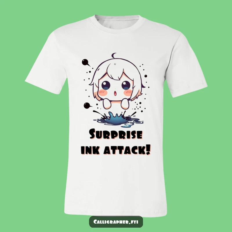Funny Splatter Tee: Cute Character Shocked by Ink, Surprise T-Shirt Gift