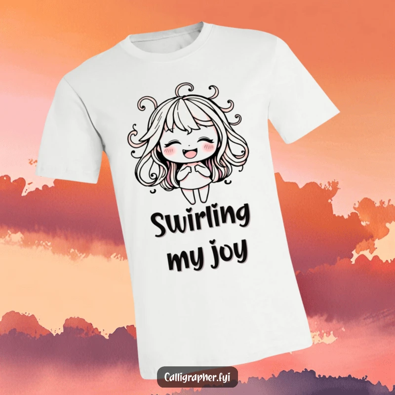 Funny t-shirt showing a happy character creating elegant swirls with ink, embodying the joy of calligraphy and fine art.