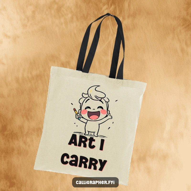 Funny tote bag featuring a smiling character energetically sketching with bold, expressive strokes, ideal for art lovers.