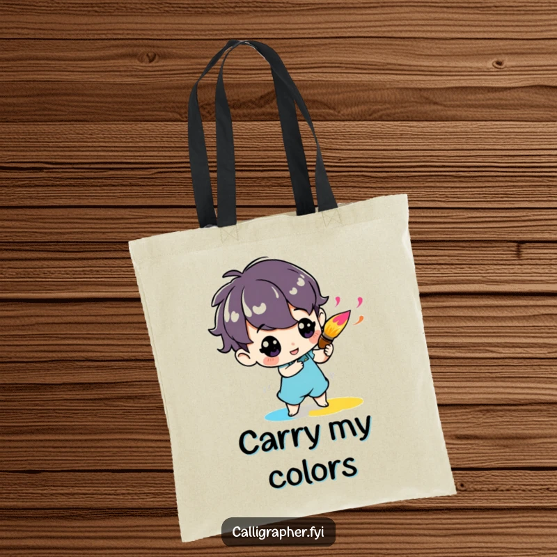 Funny tote bag showcasing a cute character enthusiastically twirling a paintbrush with vibrant ink, perfect for artists on the move.