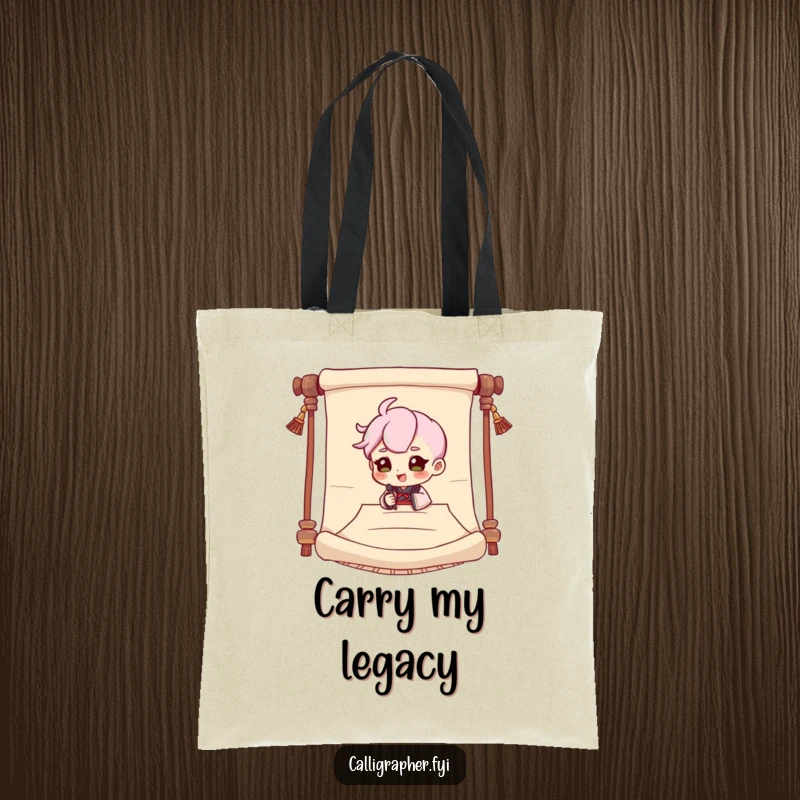 Funny tote bag featuring a cute character dramatically signing a large scroll, perfect for carrying essentials with a flourish.