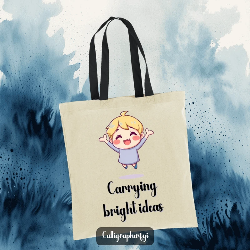 Funny tote bag featuring a vibrant character bouncing with inspiration, perfect for carrying books or groceries with a smile.