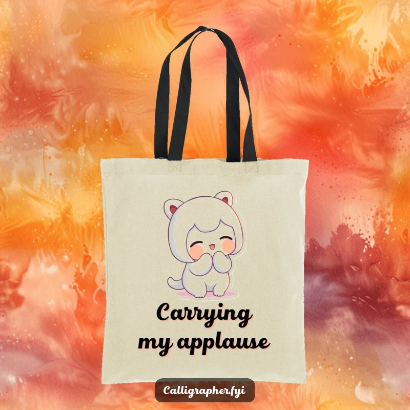 Funny Tote Bag: Cute character bowing gracefully with artistic flourish and a proud smile, a stylish and humorous accessory.