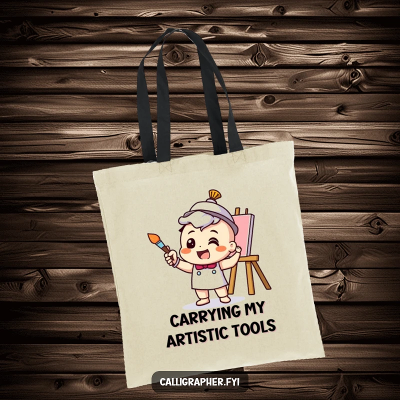 Funny Tote Bag featuring a cheerful artist character excitedly using a paintbrush during creation, perfect for carrying art supplies with style.