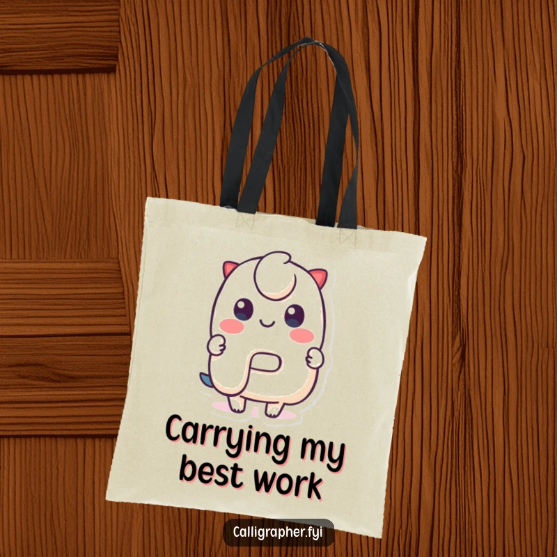 Funny Tote Bag: A cute character happily shows off a stylized letter, making it a stylish and humorous accessory for carrying daily items.
