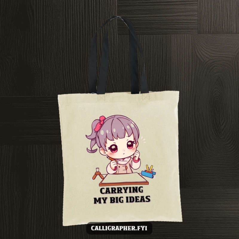 Funny tote bag showing a character artist in a thoughtful pose, holding a pencil poised above paper, perfect for carrying art supplies.