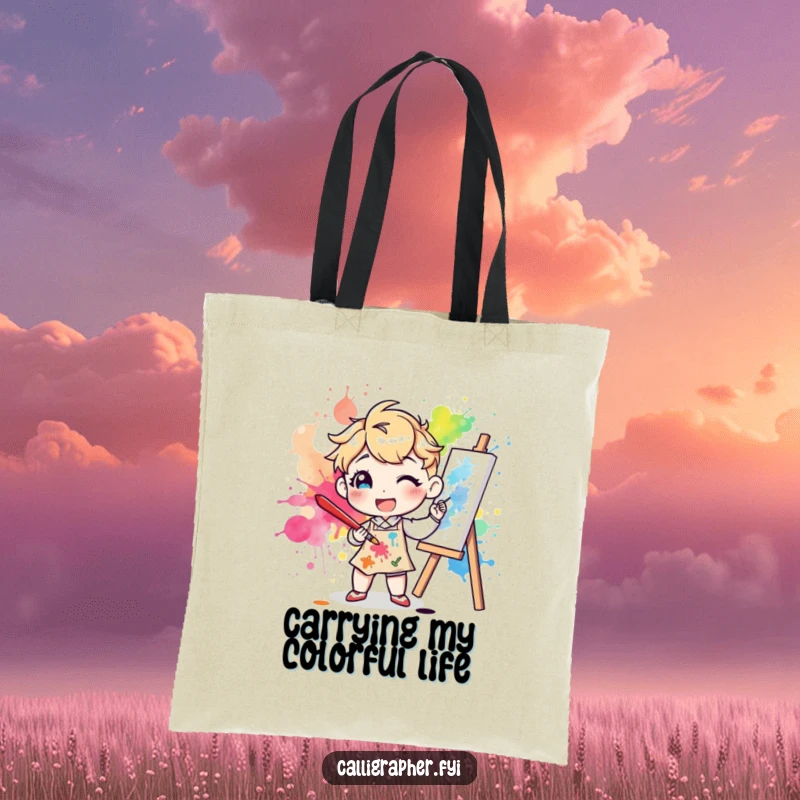 Funny tote bag showing a happy character artist splattering colorful ink on a canvas with a big brush, embodying artistic energy and practical style.