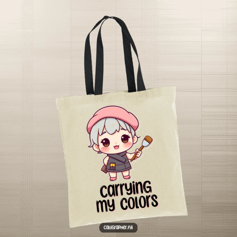 Funny tote bag featuring a cute character in a beret, proudly holding a paintbrush, symbolizing artistic passion and creative endeavors.