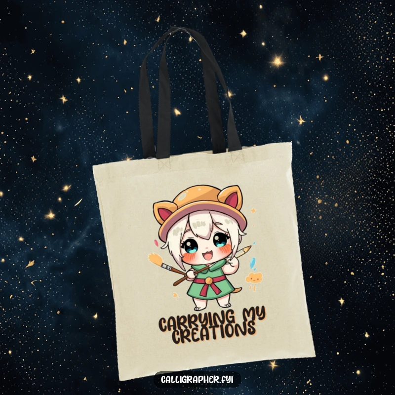 Funny tote bag with a stylized character energetically painting with a large brush, perfect for carrying art supplies or daily items.