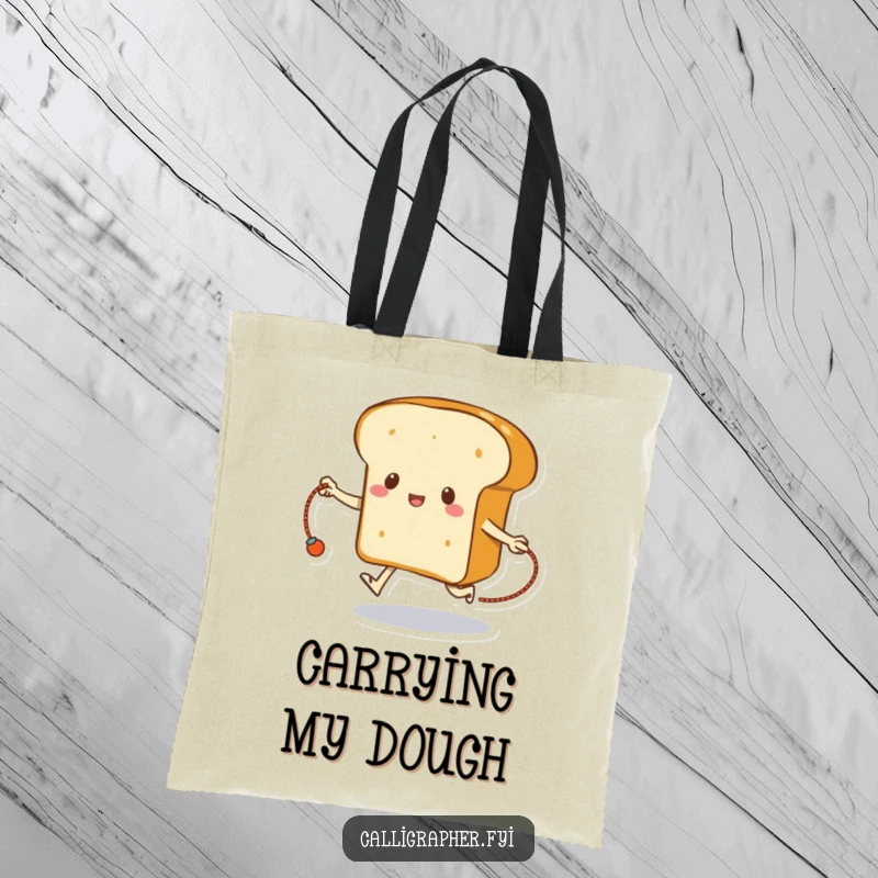 Funny bread tote bag showing a loaf of bread skipping rope with its crust, great for carrying fitness gear.