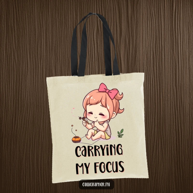 Funny tote bag showing a cute character intensely concentrating while drawing a delicate flourish, perfect for art supplies.