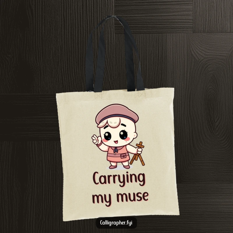 Funny kawaii character wearing a beret and posing confidently as an artist, a stylish and humorous tote bag for art enthusiasts.