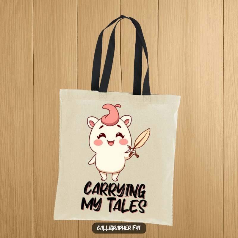 Funny tote bag featuring a cheerful character holding a quill pen with a flourish, perfect for carrying books and writing essentials.