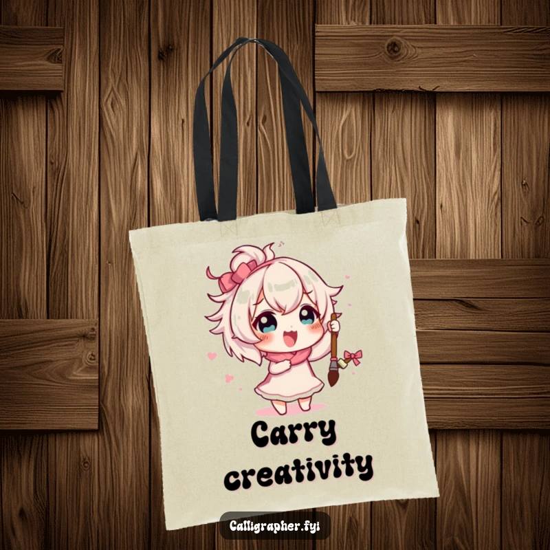 Cute funny character painting a grand flourish with a brush, depicted on a durable and humorous tote bag.