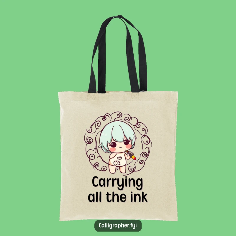 Funny Calligraphy Art Tote Bag: Cute Character Pen Swirl Carryall