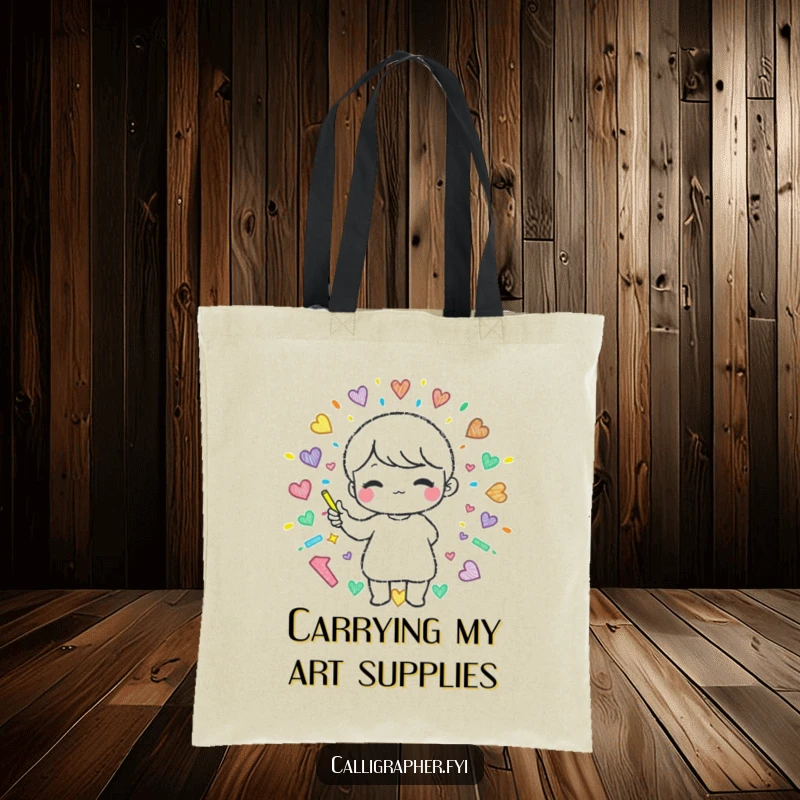 Funny tote bag featuring a cute character creating a beautiful, vibrant pattern with colorful chalk, symbolizing artistic expression.