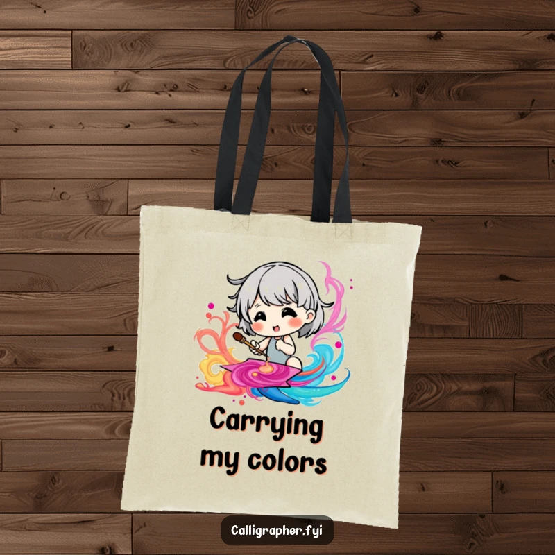 Funny tote bag featuring a cute character energetically painting a vibrant, swirling ink pattern, ready to carry anything.