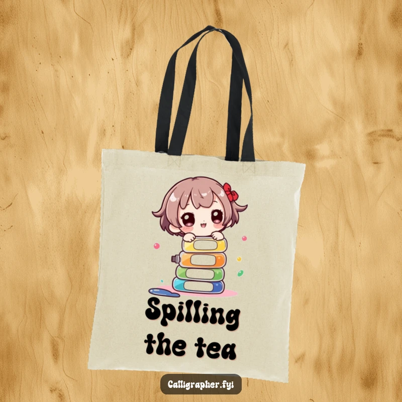 Funny Tote Bag: Cute character playfully balancing a stack of colorful ink bottles, perfect for artists carrying their supplies.