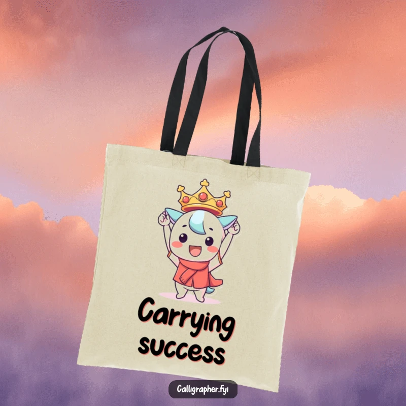 Funny Kawaii character tote bag, triumphantly holding a perfectly formed, smiling character, perfect for celebrating achievements in style.