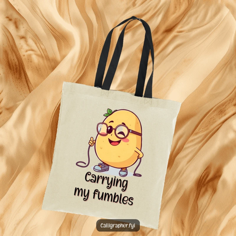 Funny tote bag with a cheerful potato character in a monocle, hilariously tripping over its shoelaces.
