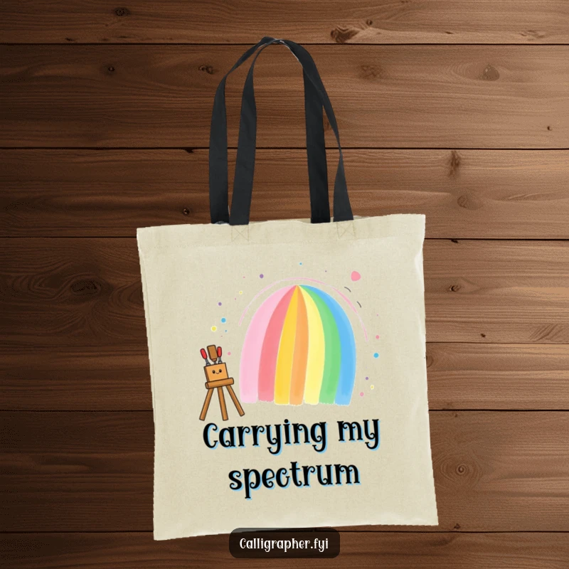Funny tote bag showing an excited artist painting a bright rainbow on a canvas, perfect for carrying art supplies and daily essentials.