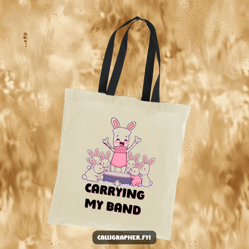 Funny tote bag with an enthusiastic sock character conducting a disorganized orchestra of dust bunnies.