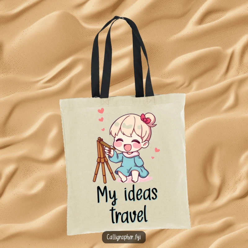 Funny tote bag featuring a character joyfully sketching a whimsical design, perfect for artists to carry their supplies with style.